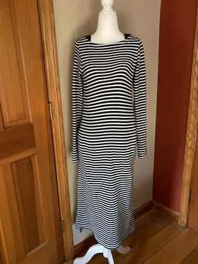 Uniqlo Navy Blue & White Striped Fleece Midi Dress XS Pockets Long Sleeve